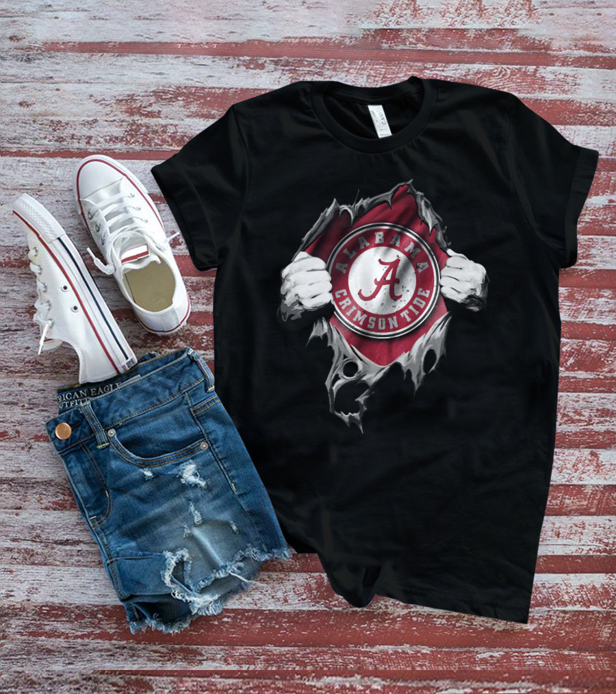 Torn V2 Alabama Crimson Tide Logo Hands Rip Through T-Shirt