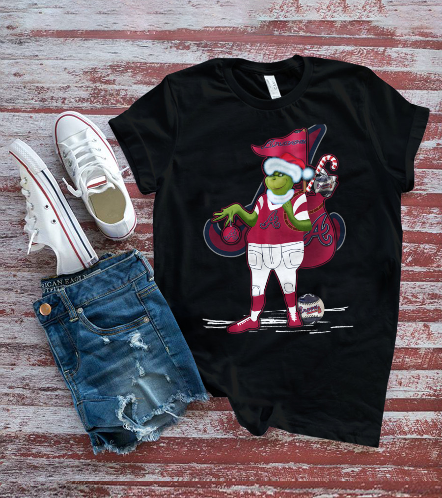 Grinchxmas Atlanta Braves Santa Holding Baseball Candy Cane T-Shirt