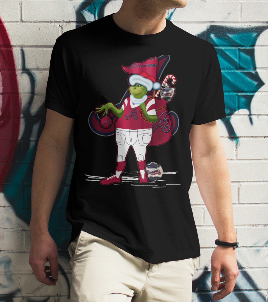 Grinchxmas Atlanta Braves Santa Holding Baseball Candy Cane T-Shirt