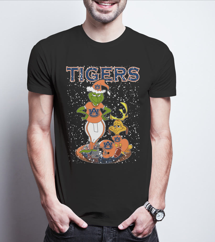 Grinch Auburn Tigers Christmas Santa Hat Snowy Football T-Shirt