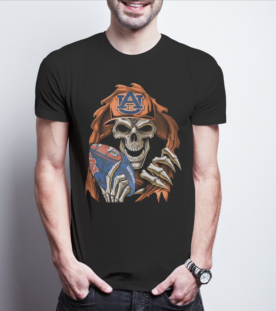 Skullbong Auburn Tigers Skeleton Holding Football Auburn University T-Shirt