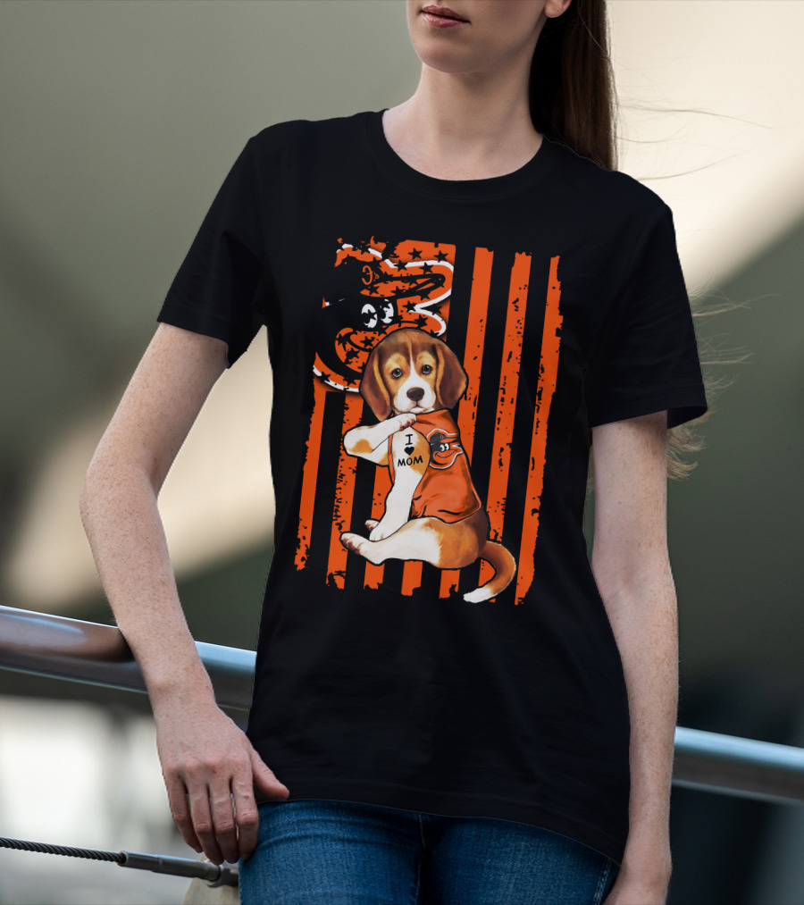 Beagle In Baltimore Orioles Orange With I Love Mom Tattoo And Stars And Stripes Background T-Shirt
