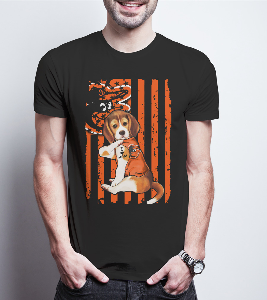 Beagle In Baltimore Orioles Orange With I Love Mom Tattoo And Stars And Stripes Background T-Shirt