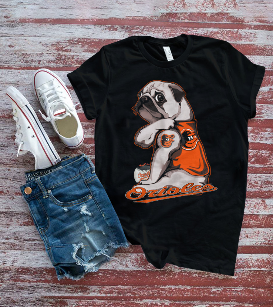 Pug Wearing Baltimore Orioles Jersey With Orioles Baseball T-Shirt