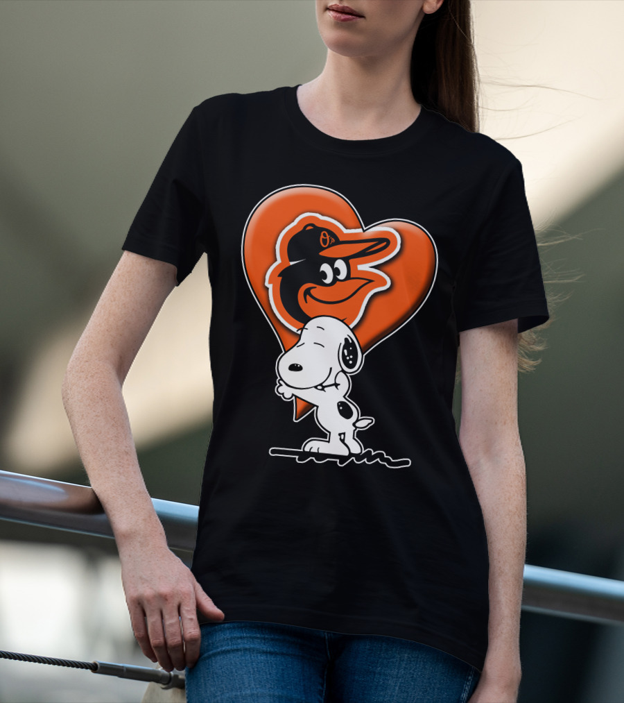 Snoopy Hugging Heart With Baltimore Orioles Bird T-Shirt