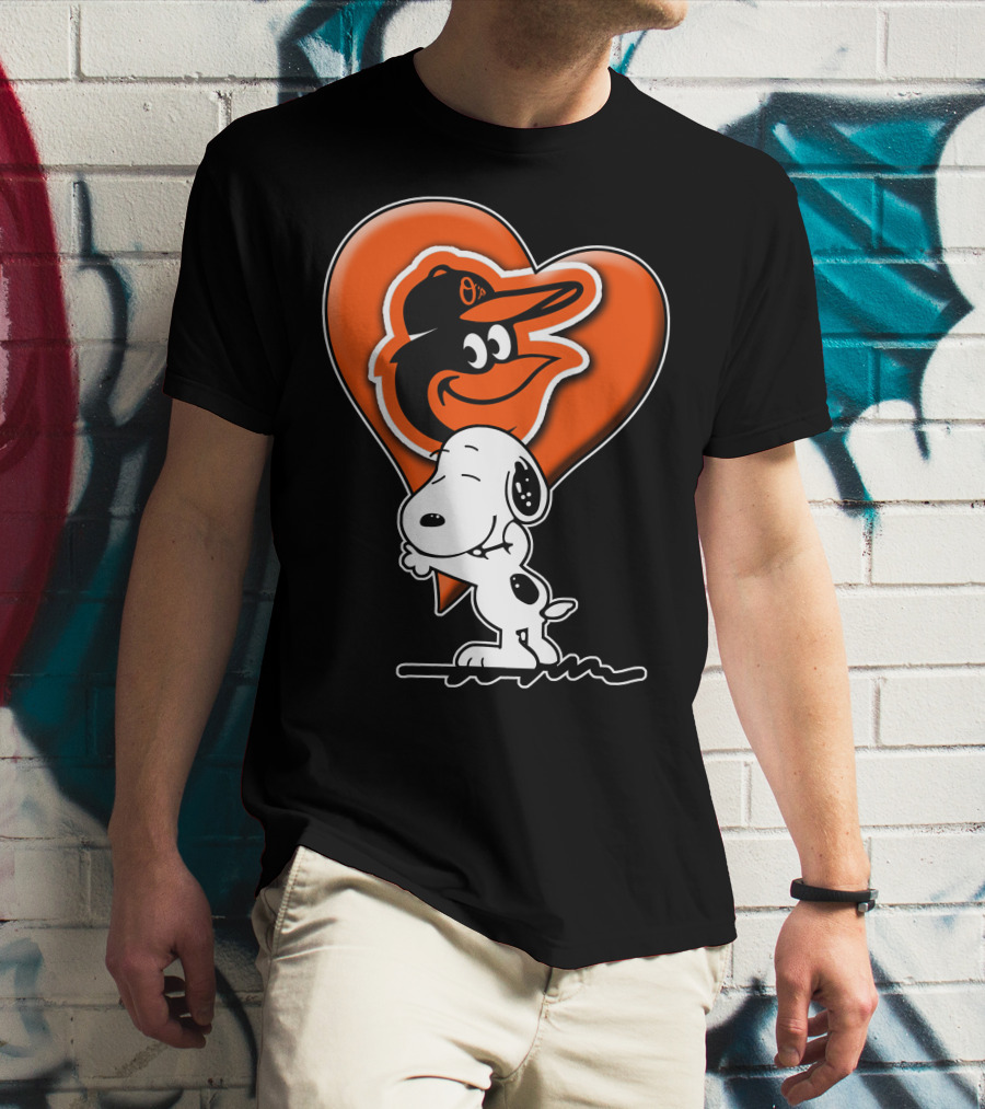 Snoopy Hugging Heart With Baltimore Orioles Bird T-Shirt