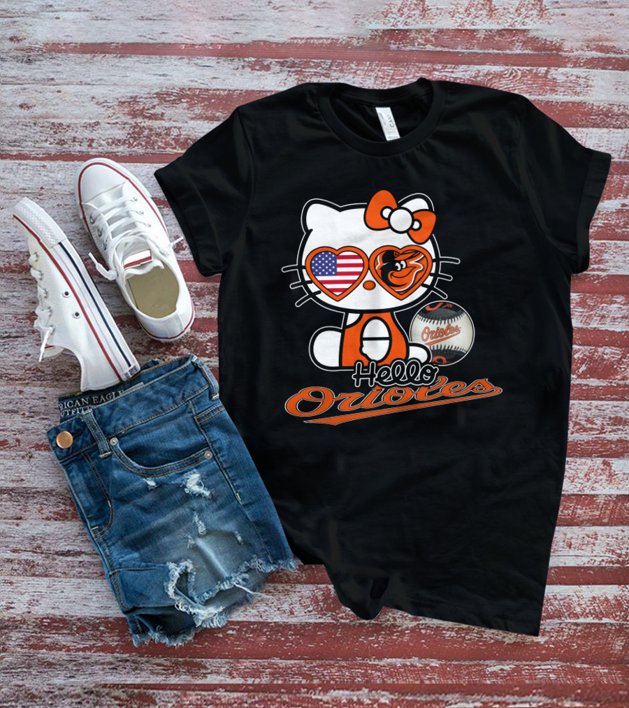 Hello Kitty Orioles Baltimore American Flag Baseball T-Shirt