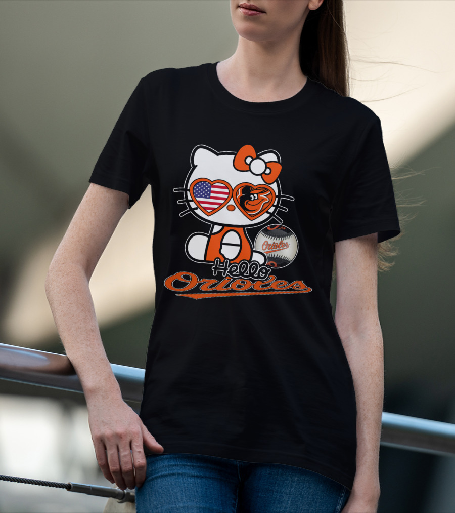 Hello Kitty Orioles Baltimore American Flag Baseball T-Shirt