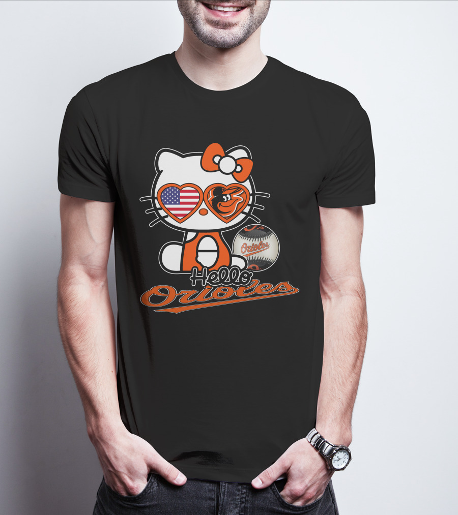 Hello Kitty Orioles Baltimore American Flag Baseball T-Shirt