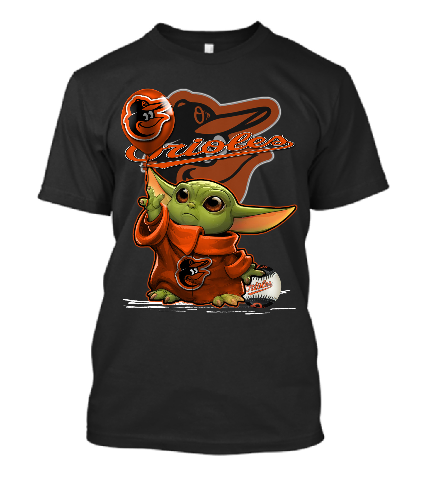 Yoda Holding Baltimore Orioles Balloon With Logo And Baseball T-Shirt