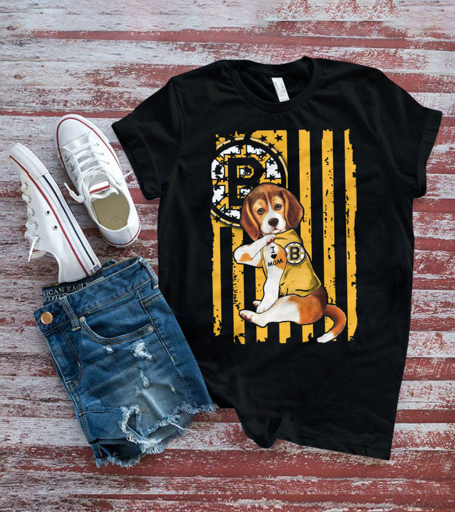 Beagle Puppy I Love Mom Boston Bruins Fan T-Shirt