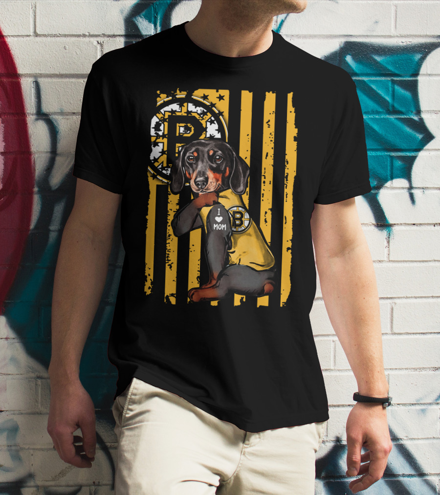 Dachshund I Love Mom Boston Bruins Stripes T-Shirt