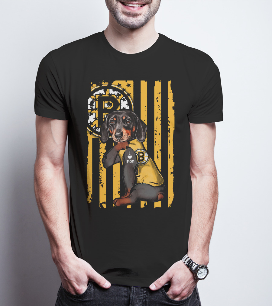 Dachshund I Love Mom Boston Bruins Stripes T-Shirt