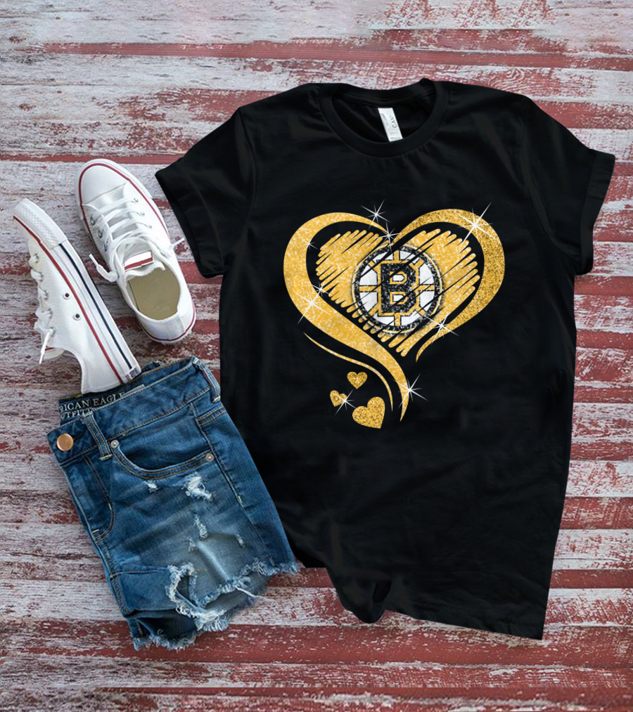 Boston Bruins Heart Glitter Logo Diamond T-Shirt