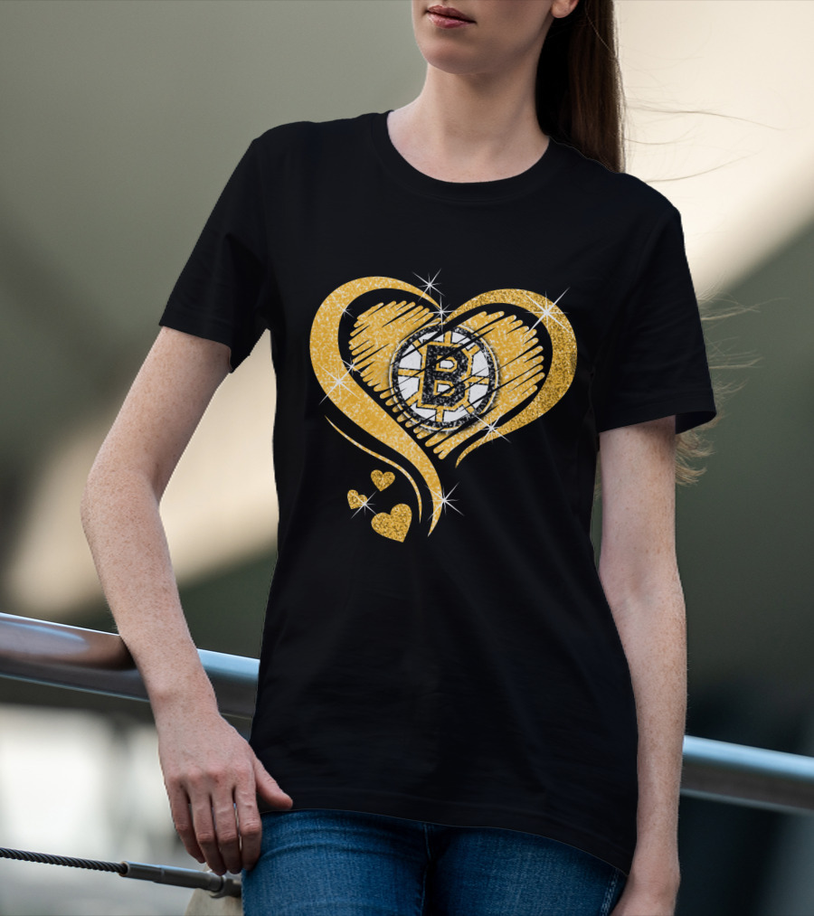 Boston Bruins Heart Glitter Logo Diamond T-Shirt