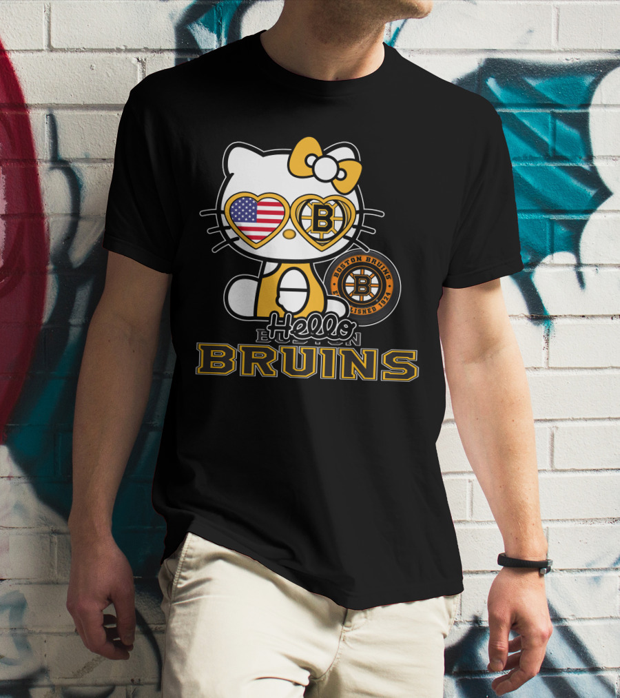 Hello Kitty Boston Bruins Established 1924 USA Flag Heart Sunglasses T-Shirt
