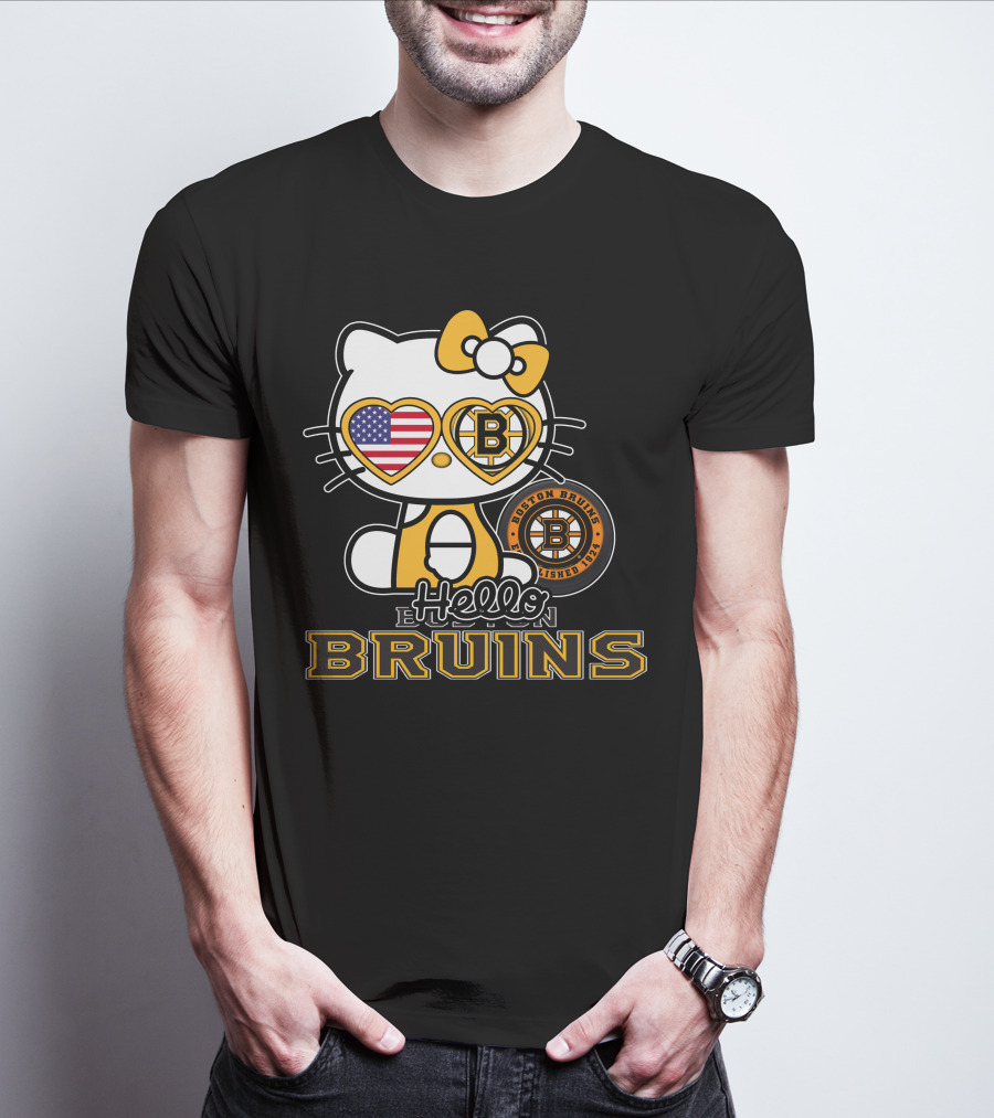 Hello Kitty Boston Bruins Established 1924 USA Flag Heart Sunglasses T-Shirt