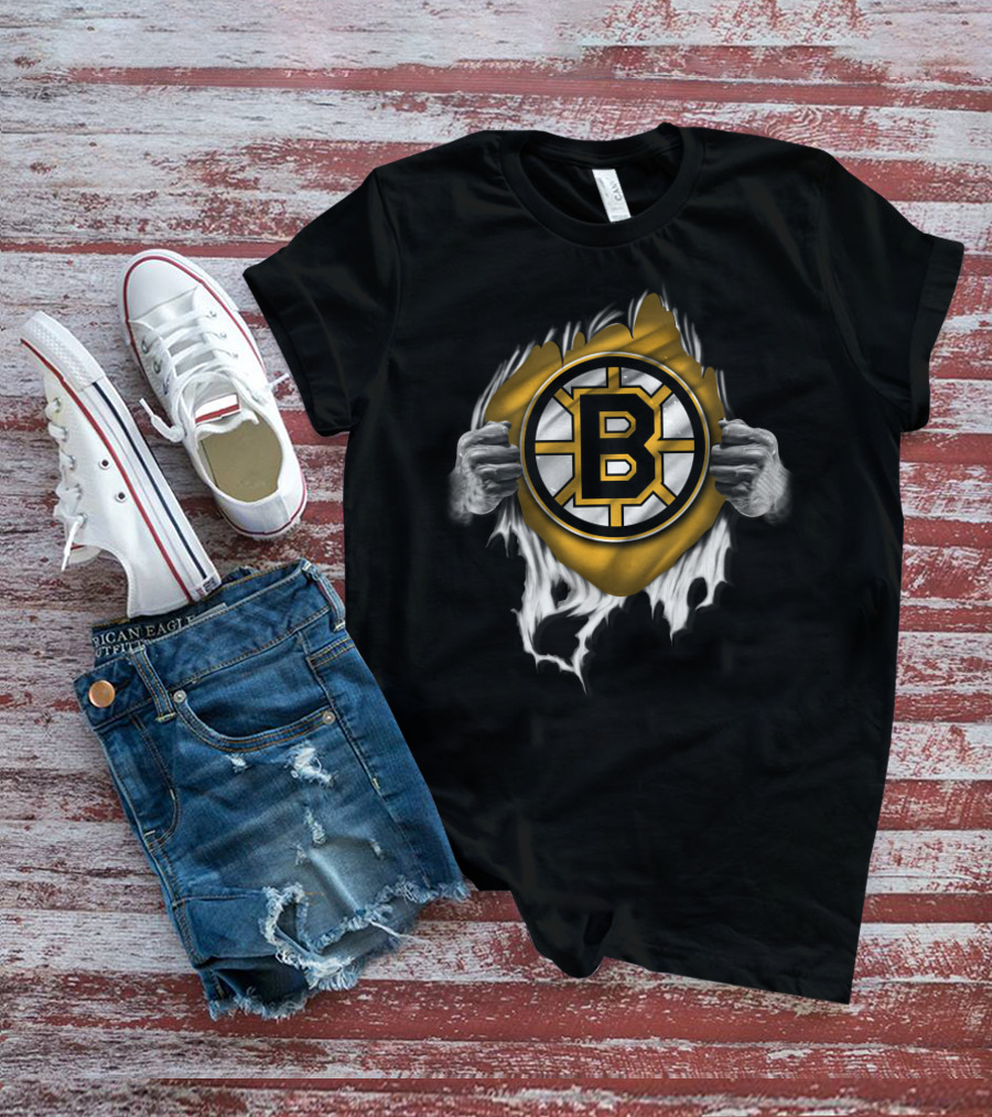 Torn Boston Bruins Hockey Emblem Revealed By Ripping Hands T-Shirt
