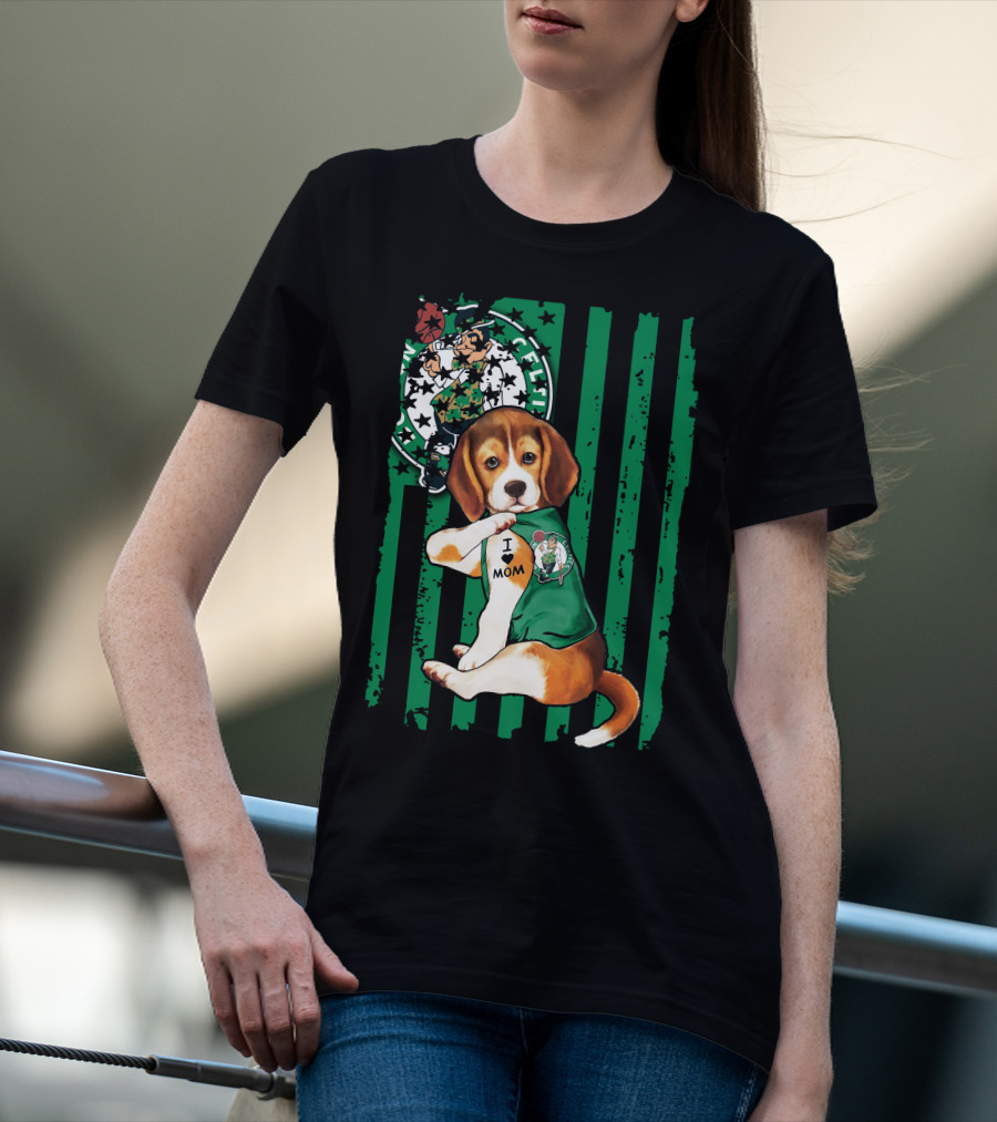 Beagle I Love Mom Boston Celtics Green Stripes T-Shirt