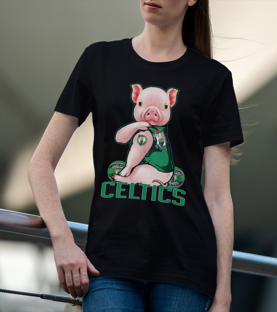 Pig Wearing Boston Celtics Logo Jersey With Celtics Text T-Shirt