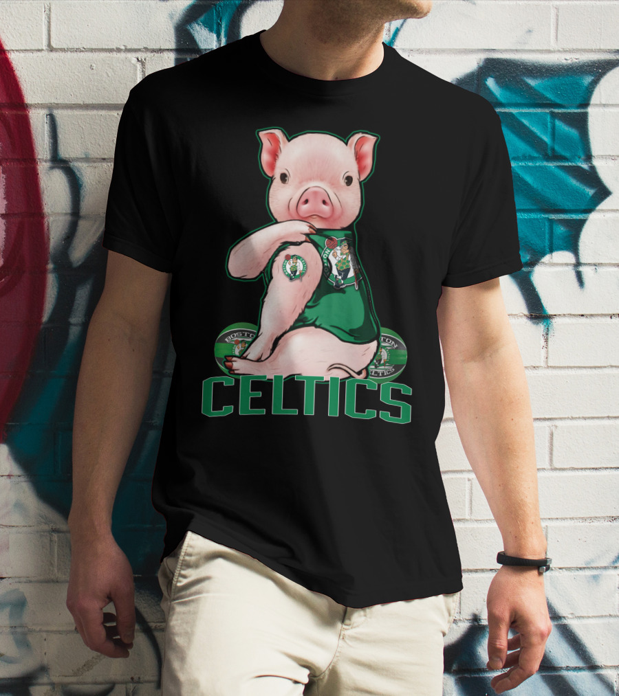 Pig Wearing Boston Celtics Logo Jersey With Celtics Text T-Shirt