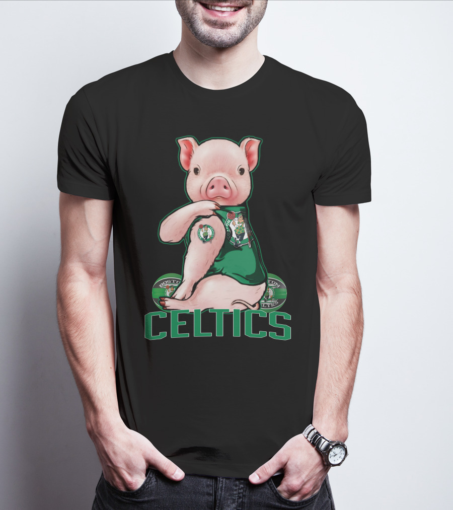 Pig Wearing Boston Celtics Logo Jersey With Celtics Text T-Shirt