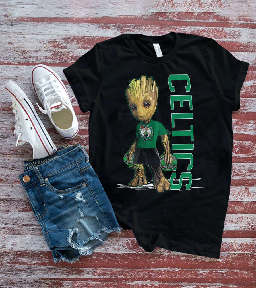 Groot Celtics Boston Fan Art Marvel Basketball Collaboration T-Shirt