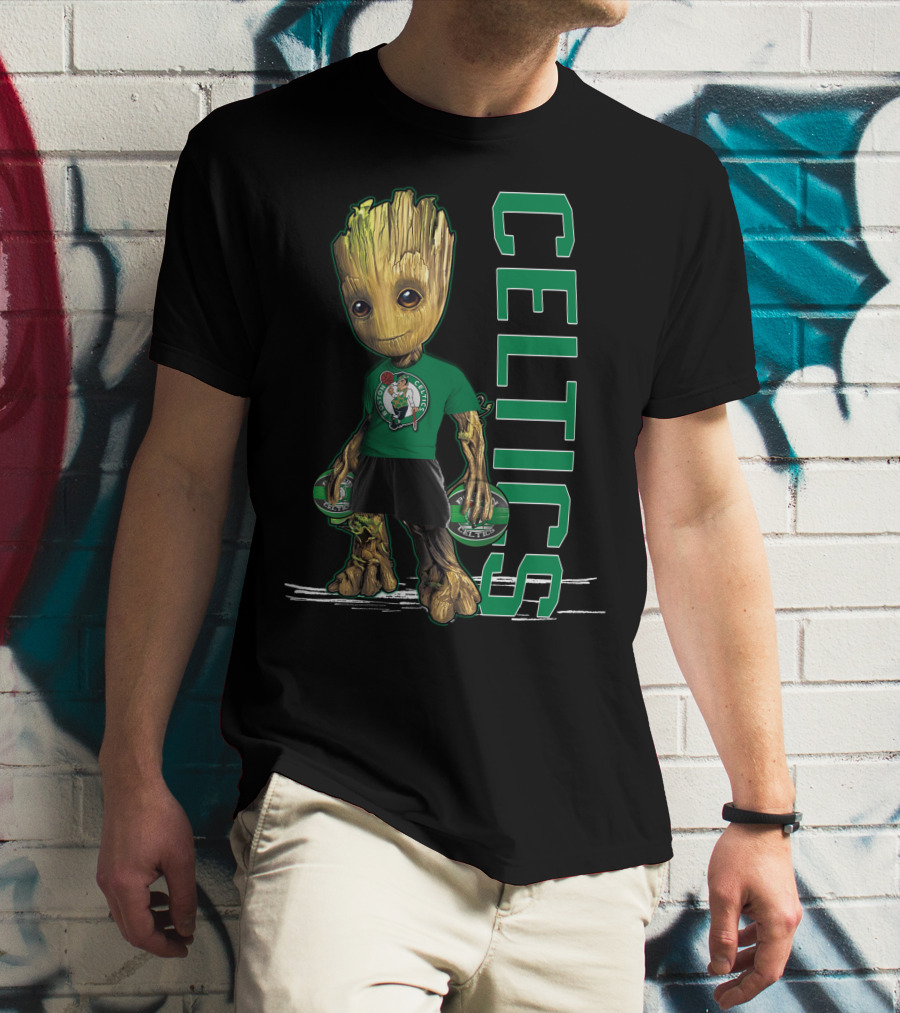 Groot Celtics Boston Fan Art Marvel Basketball Collaboration T-Shirt