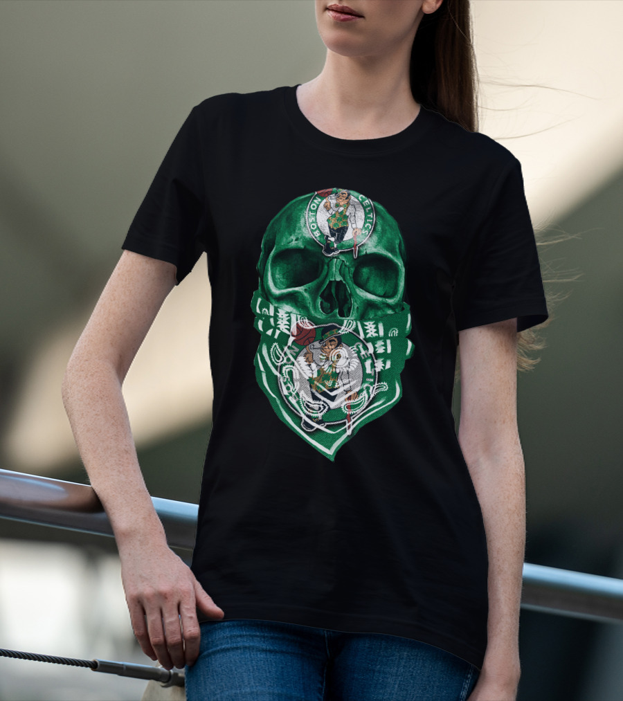 Boston Celtics Skull With Iconic Logos And Green Bandana T-Shirt