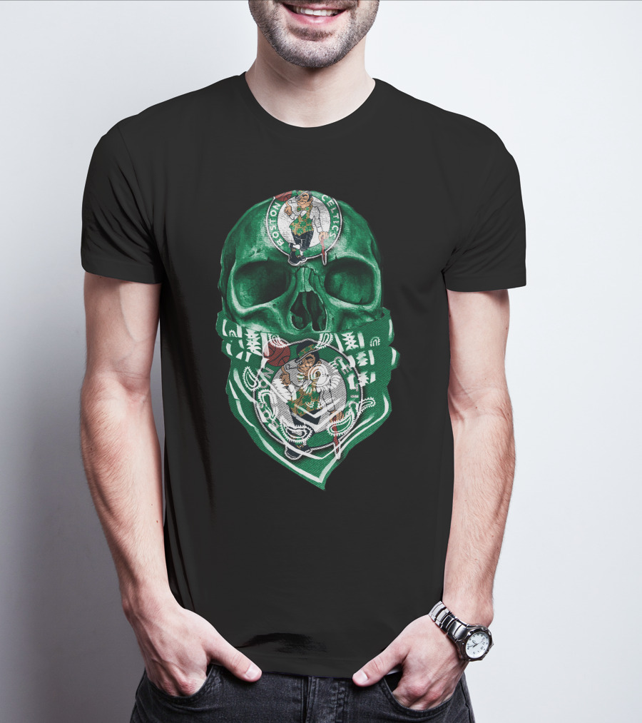 Boston Celtics Skull With Iconic Logos And Green Bandana T-Shirt