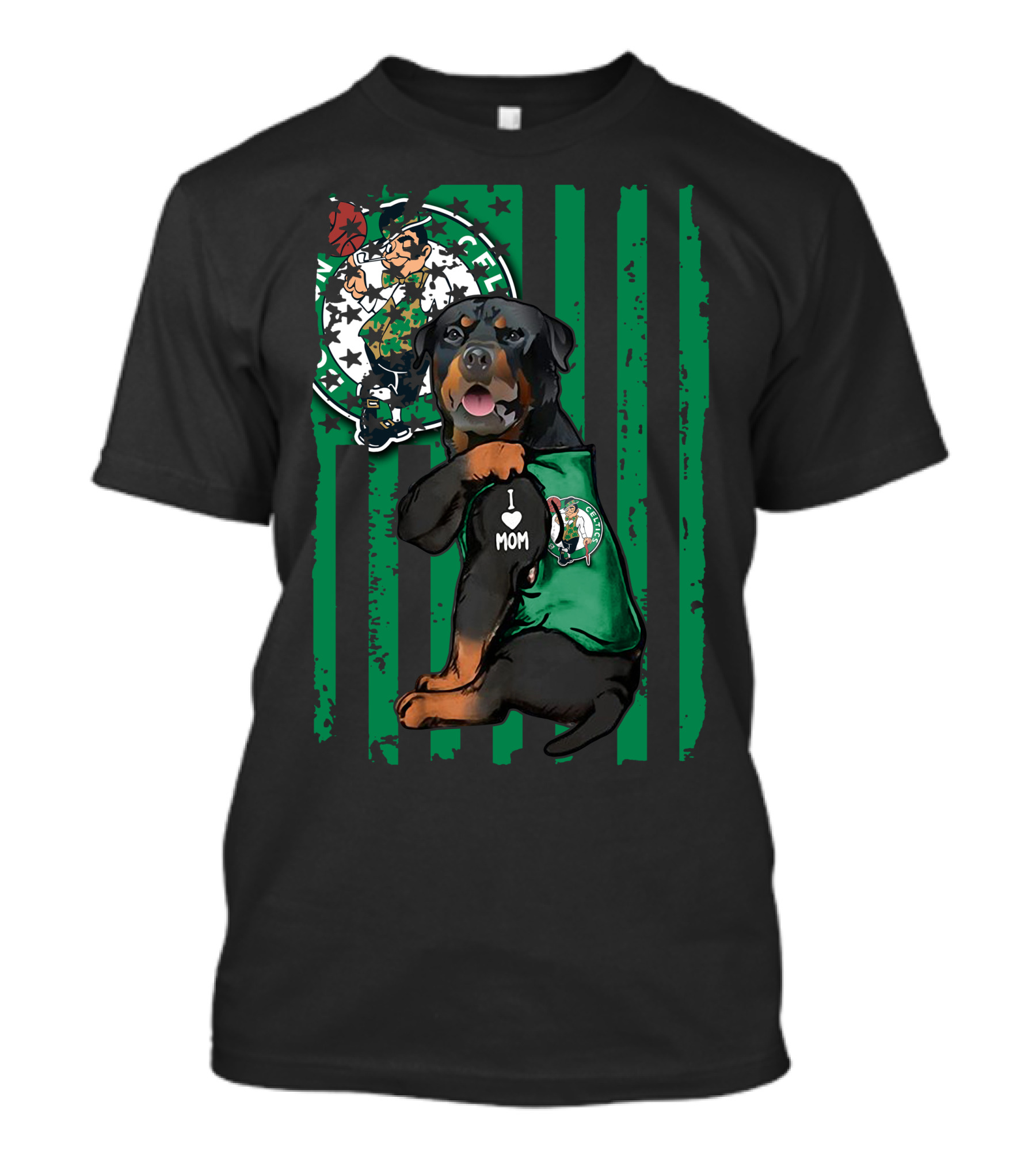 Rottweiler I Love Mom Boston Celtics Fan Logo Background T-Shirt