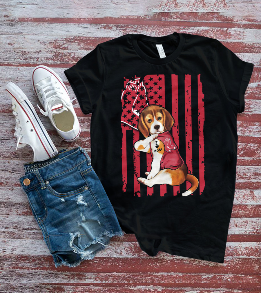 Beagle Puppy With Boston Red Sox Jersey And I Love Mom Tattoo On American Flag Background T-Shirt