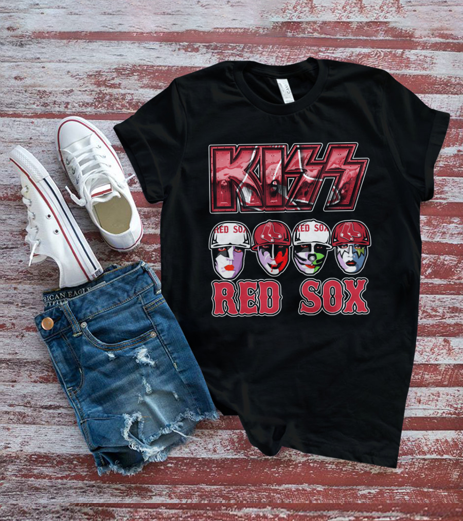 KISS Boston Red Sox Faces In Makeup And Hats T-Shirt
