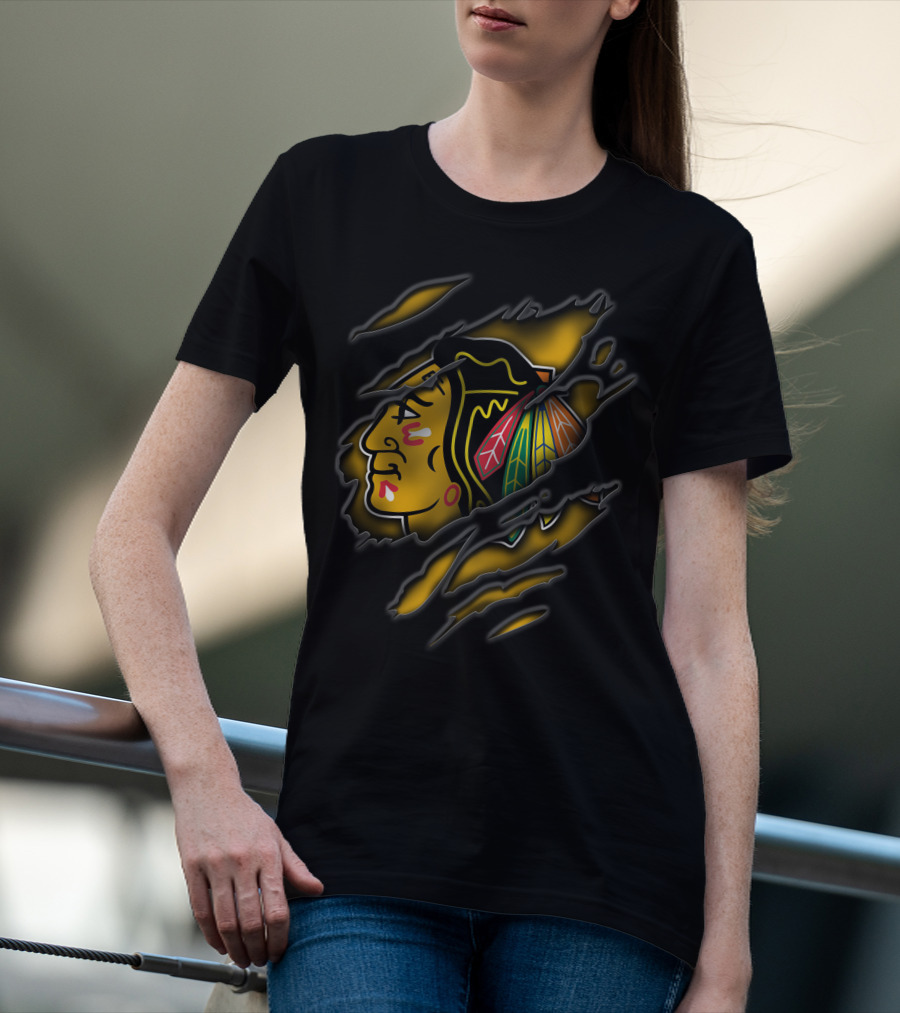 Torn Chicago Blackhawks Logo Claw Marks Yellow And Black T-Shirt