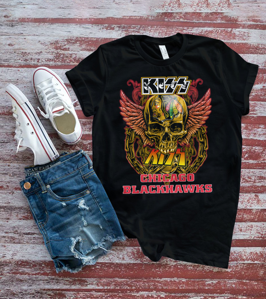 Kiss Chicago Blackhawks Skull With Wings And Chains T-Shirt