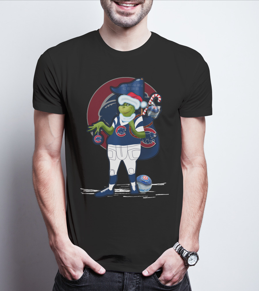 Grinchxmas Chicago Cubs Christmas Spirit With Santa Hat And Candy Cane T-Shirt