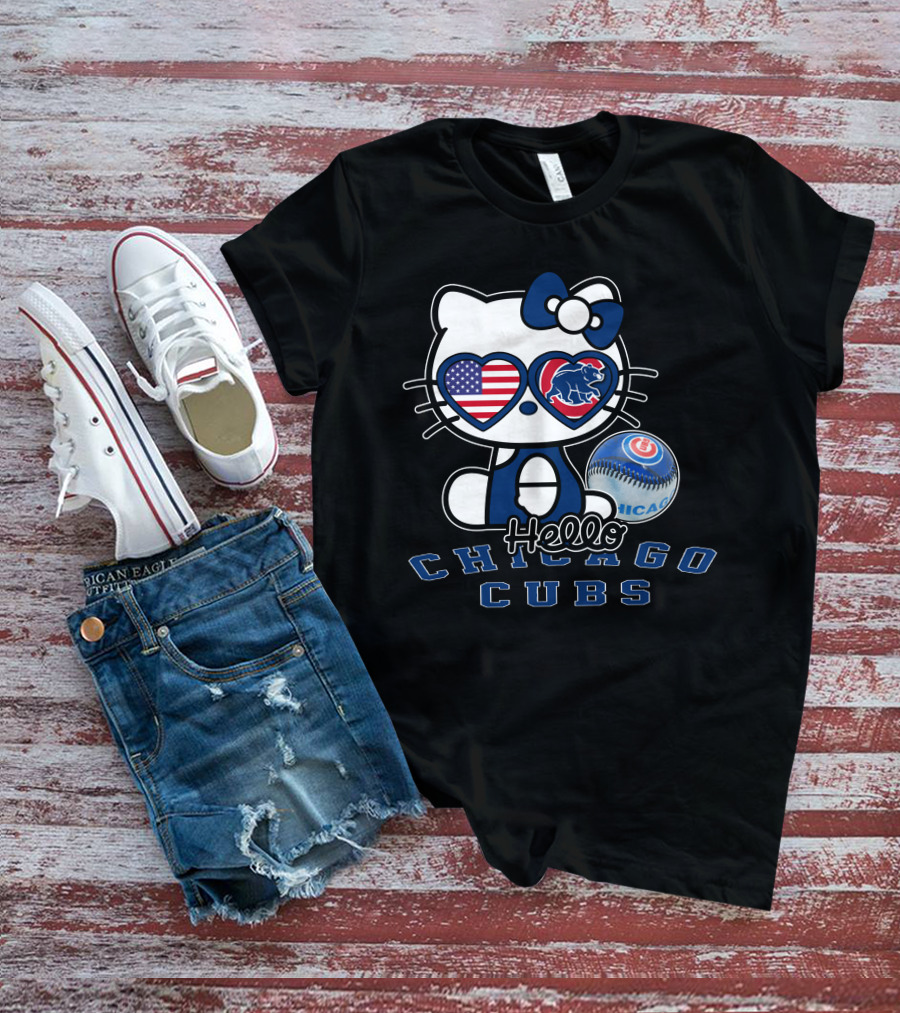 Hello Kitty Chicago Cubs American Flag Baseball T-Shirt