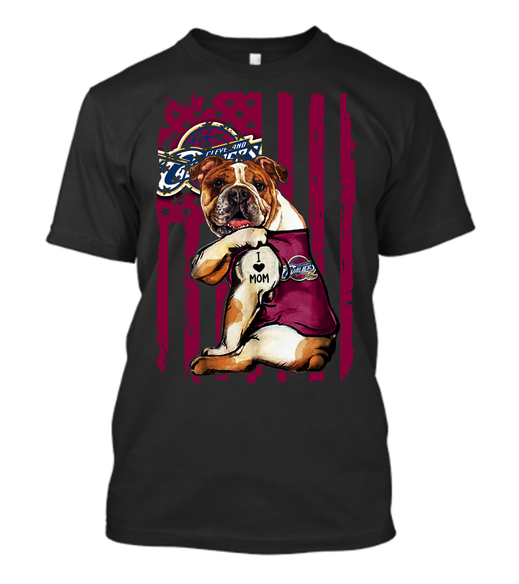 Bulldog I Love Mom Cleveland Cavaliers Logo American Flag T-Shirt