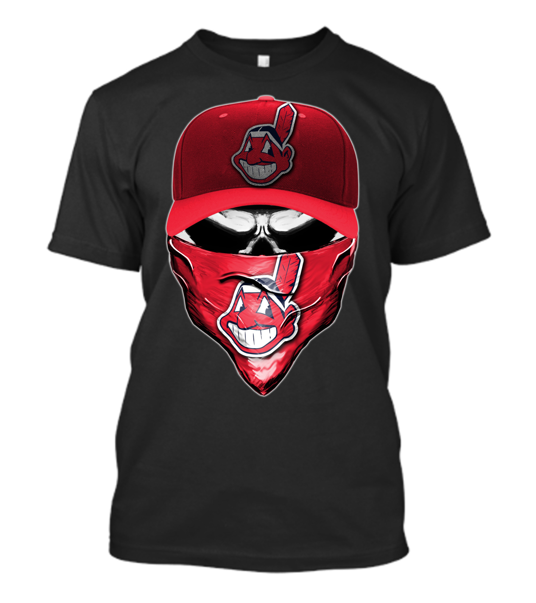 Cleveland Indians Chief Wahoo Skull Mask With Hat And Bandana T-Shirt