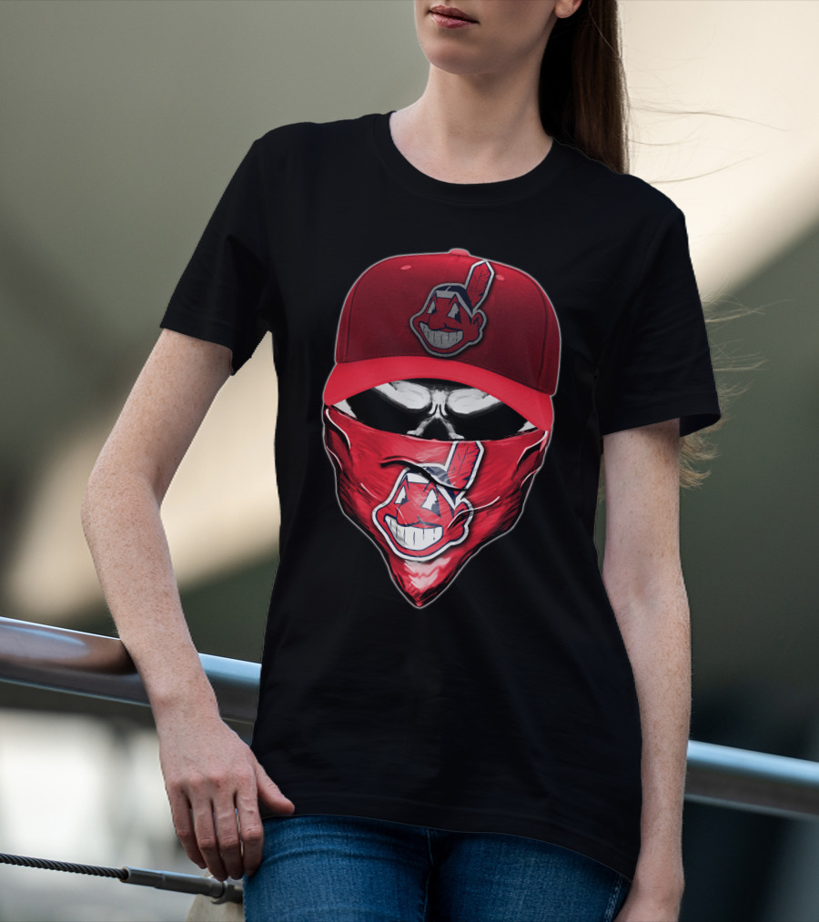 Cleveland Indians Chief Wahoo Skull Mask With Hat And Bandana T-Shirt