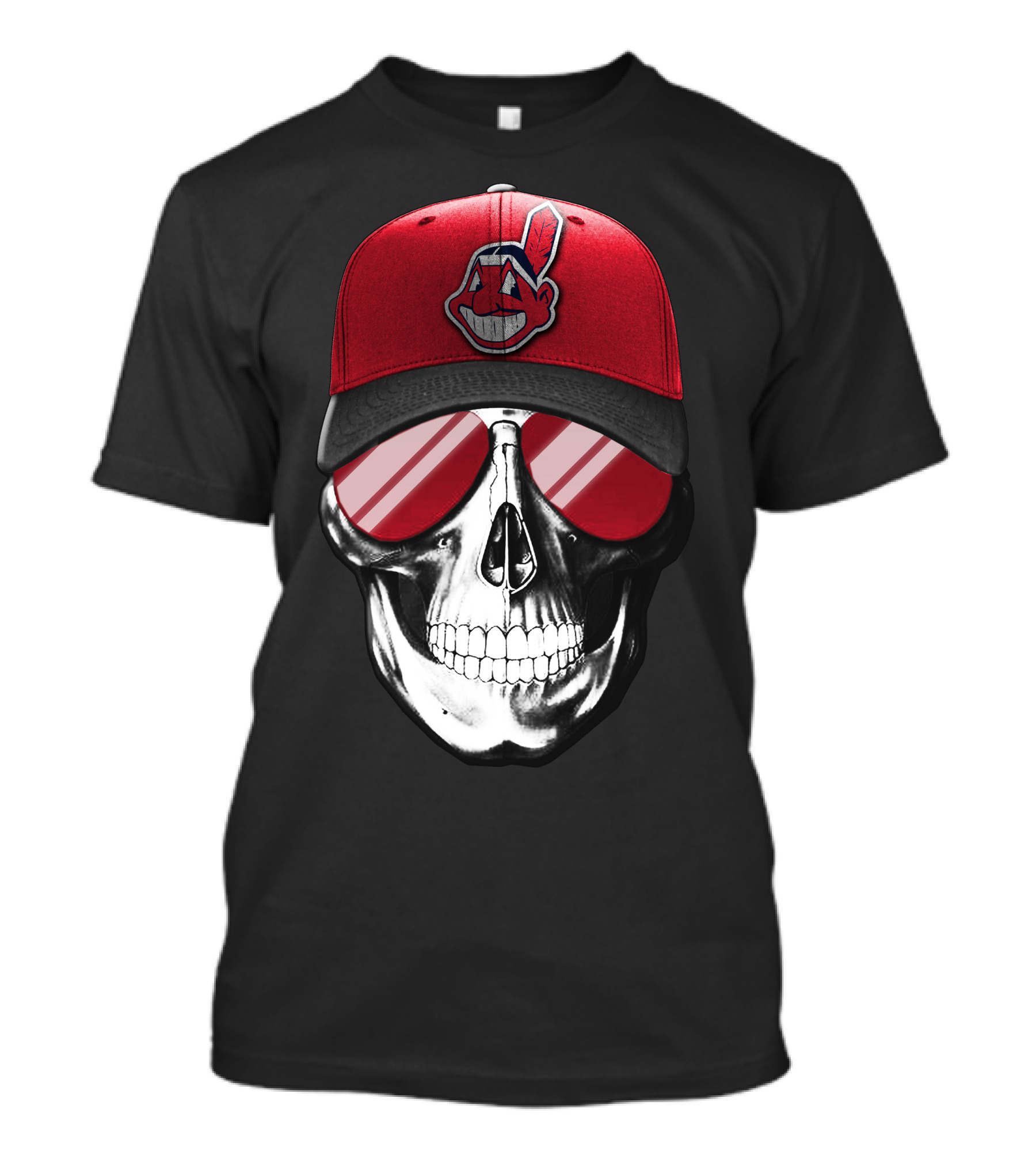 Skull With Cleveland Indians Cap And Sunglasses T-Shirt