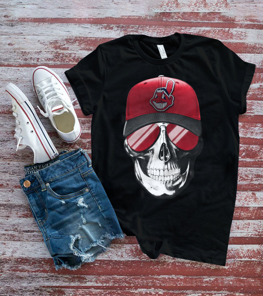 Skull With Cleveland Indians Cap And Sunglasses T-Shirt
