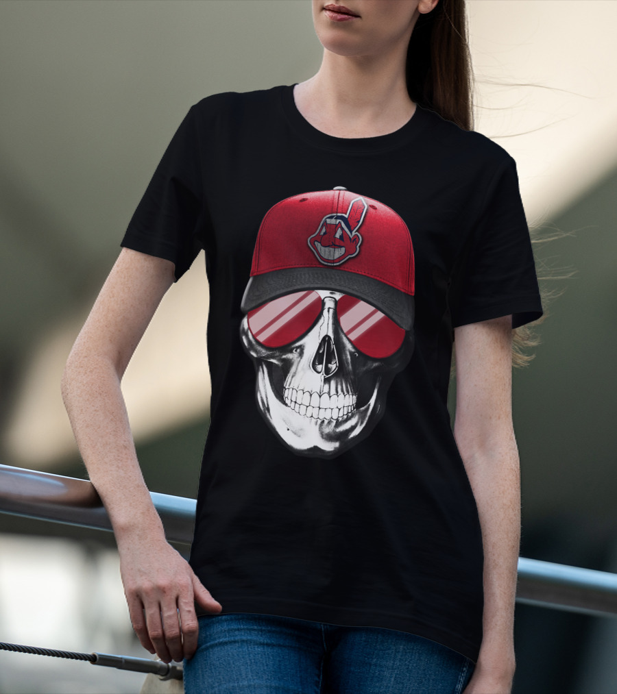 Skull With Cleveland Indians Cap And Sunglasses T-Shirt