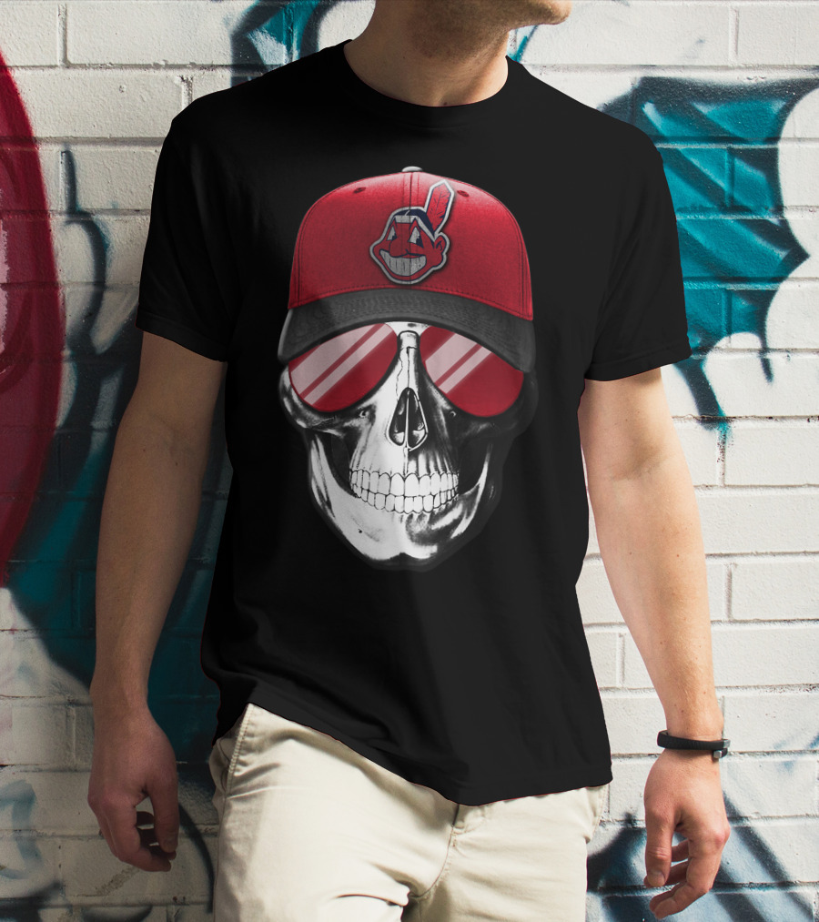 Skull With Cleveland Indians Cap And Sunglasses T-Shirt