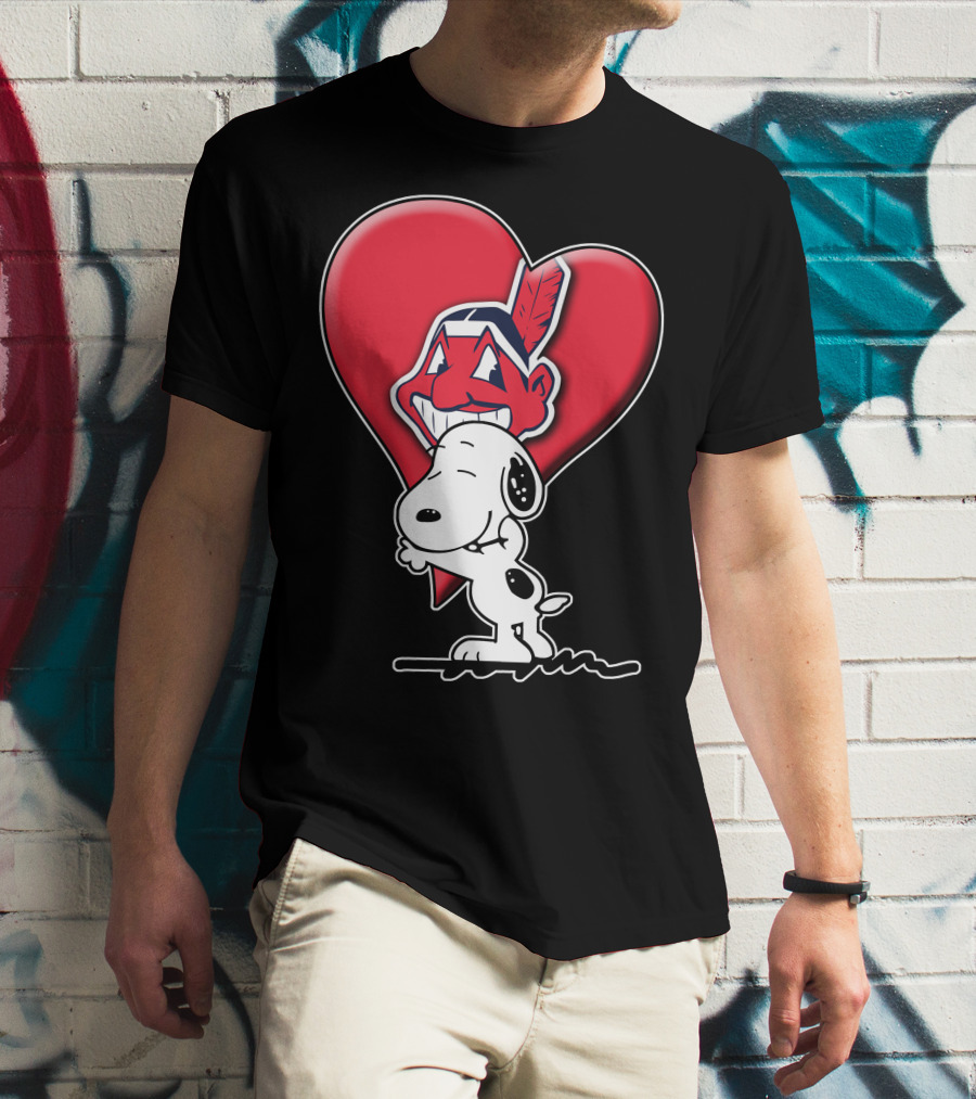 Snoopy Hugging Cleveland Indians Logo Heart T-Shirt
