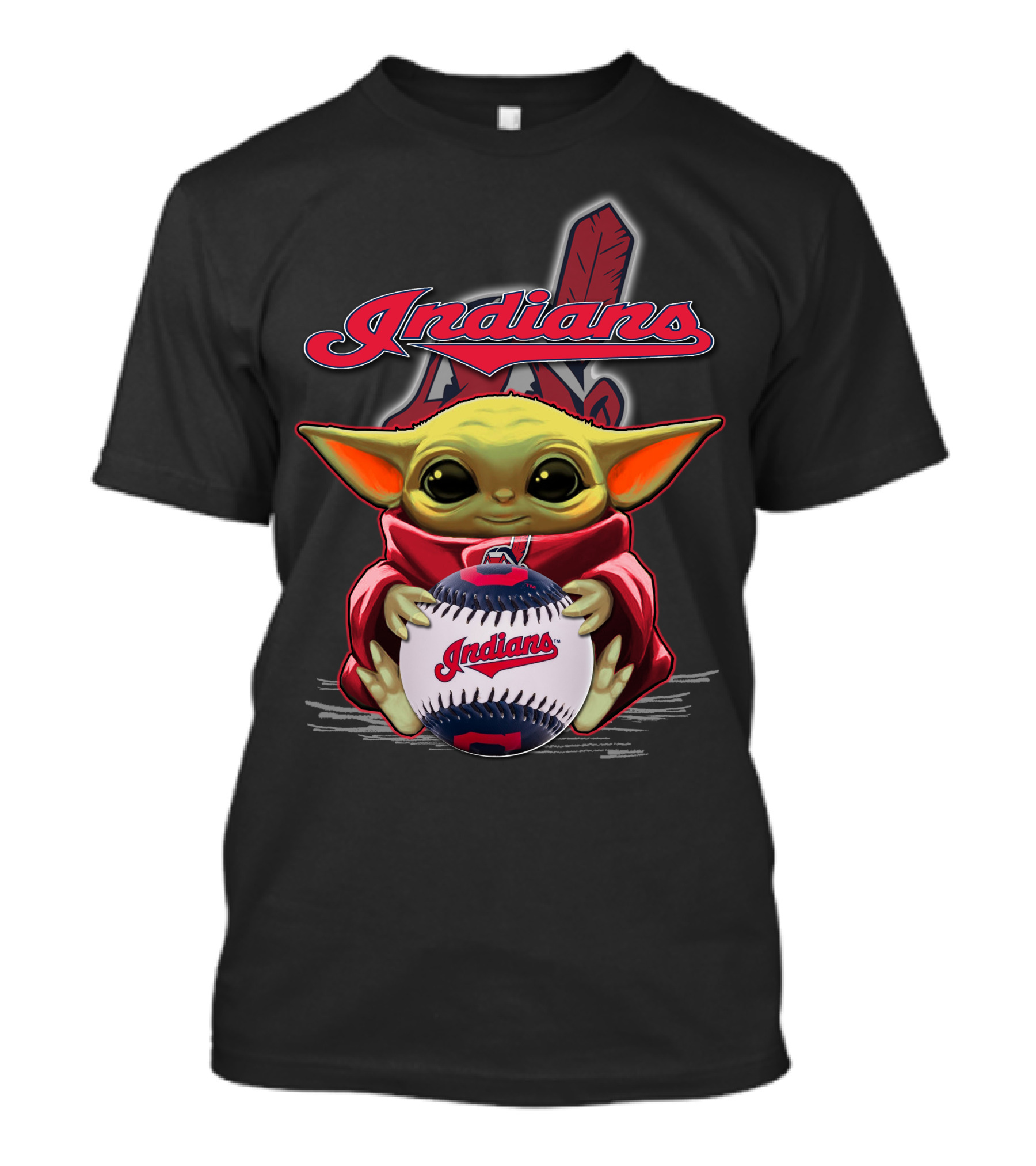 Indians Baby Yoda Holding Baseball With Feather Background T-Shirt