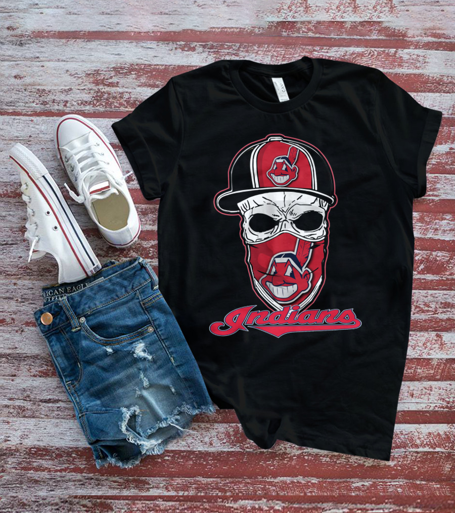 Cleveland Indians Skull Wearing Team Hat T-Shirt