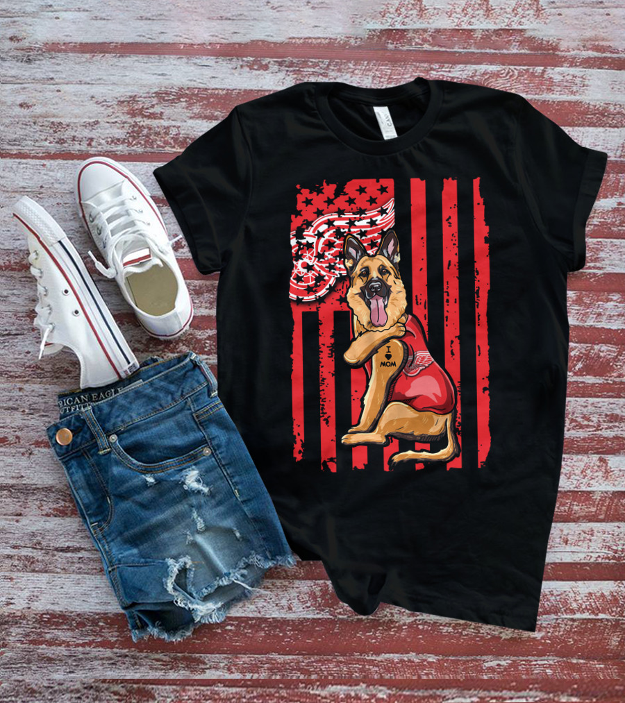 German Shepherd With Detroit Red Wings And I Love Mom Tattoo Flag Background T-Shirt