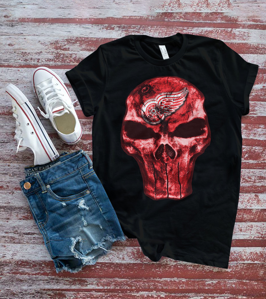 Skull Detroit Red Wings Grunge Style Emblem T-Shirt