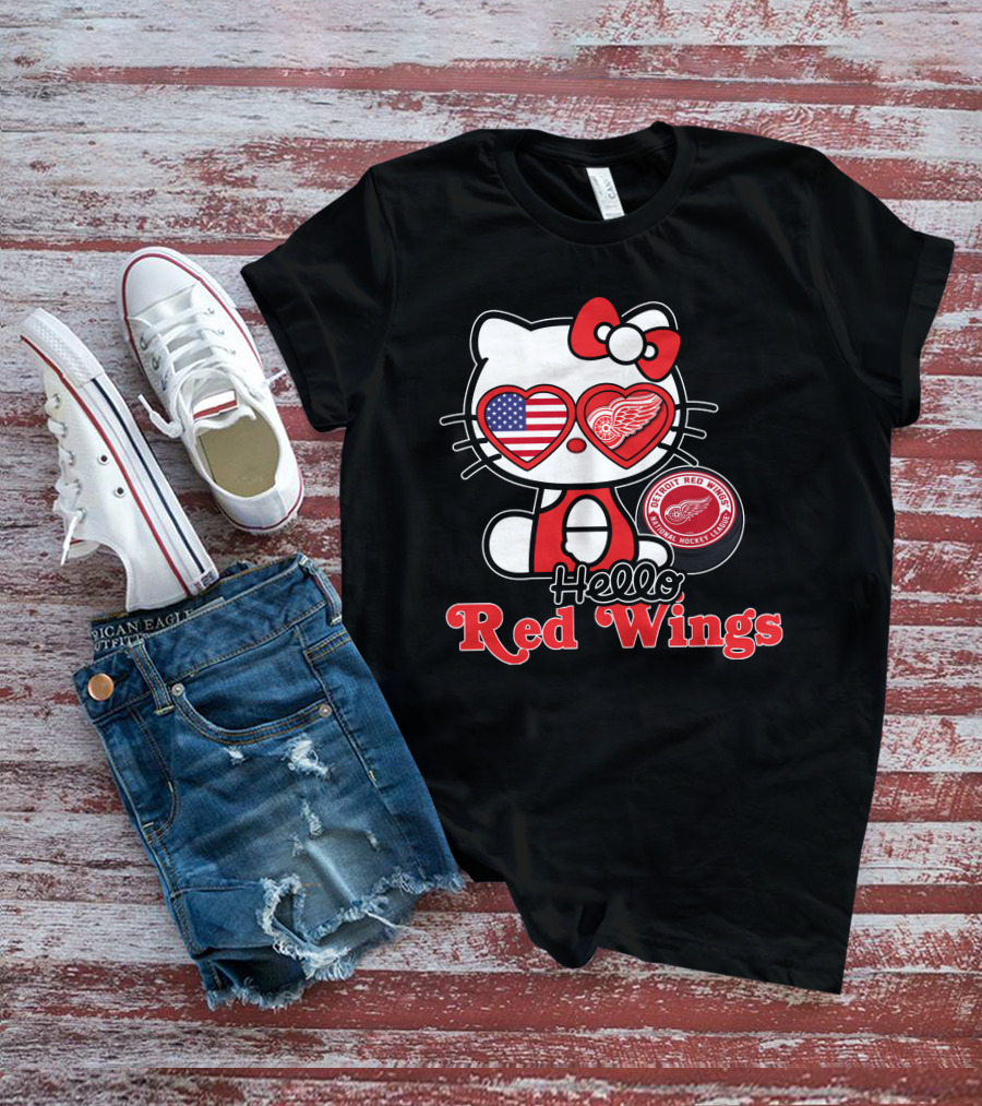 Hello Kitty Detroit Red Wings NHL American Flag T-Shirt